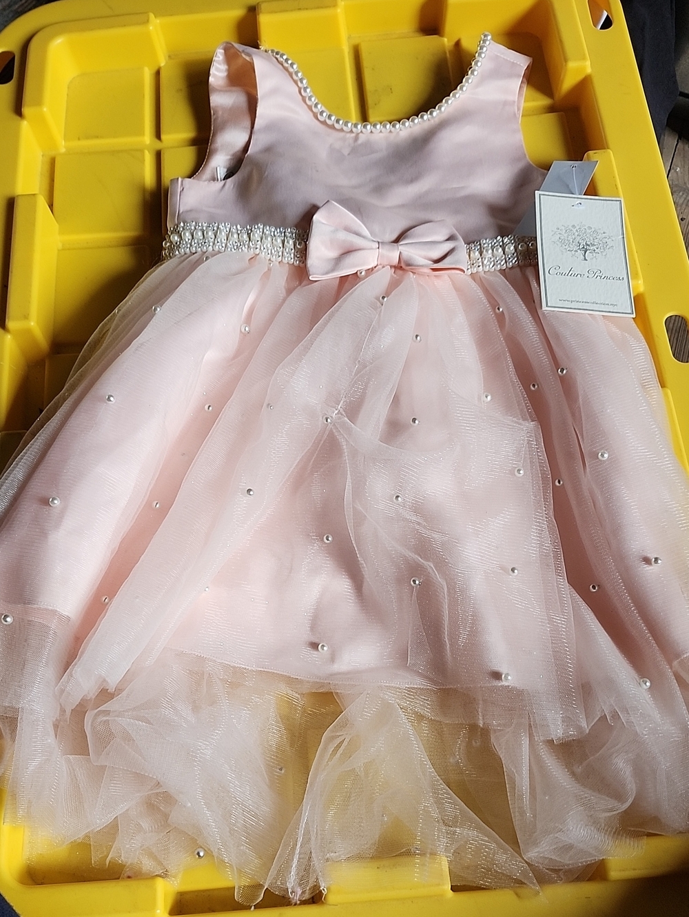 Girls' Blush Pearl-Embellished Bow Tulle Party Dress